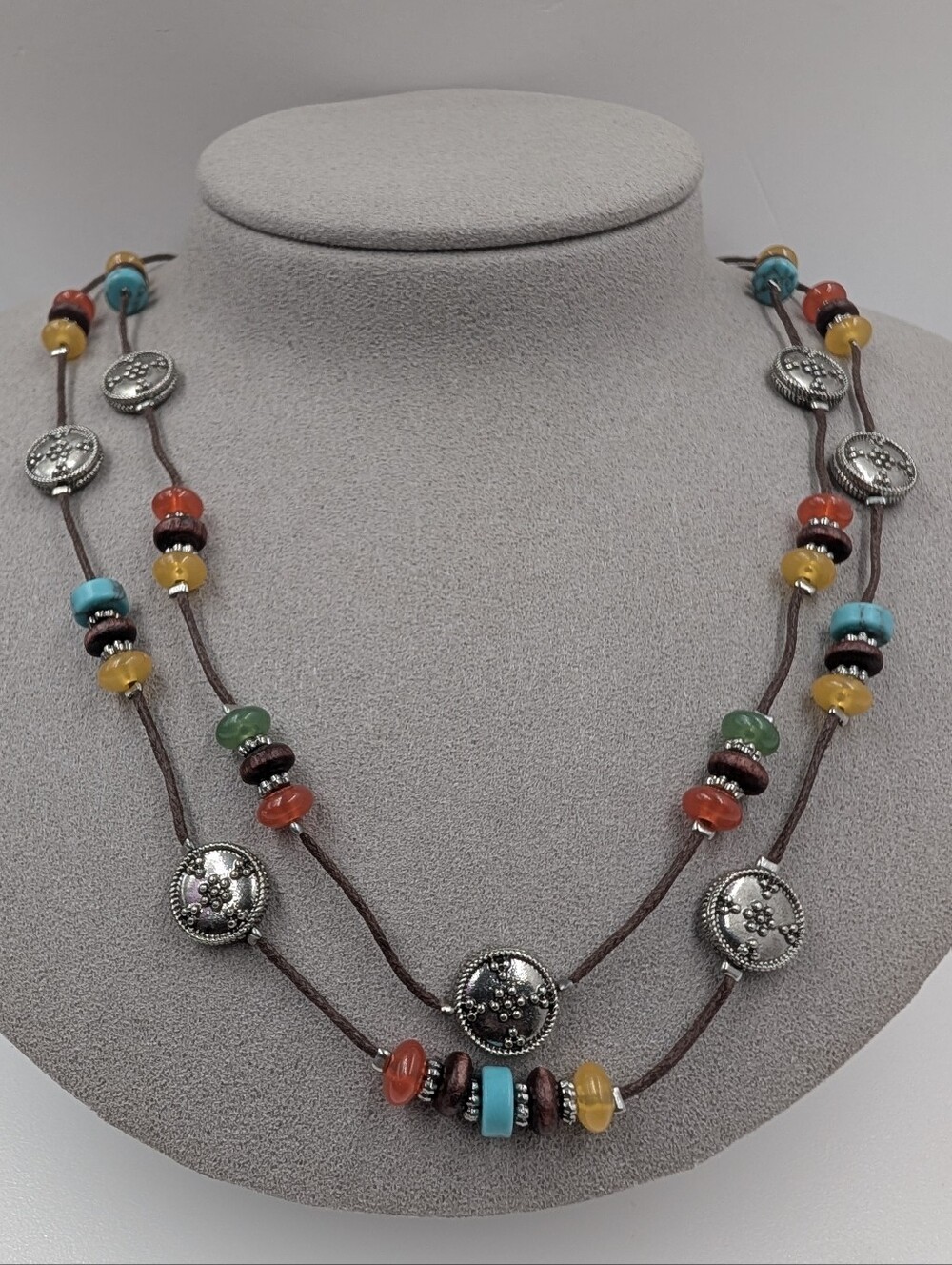 CHAPS Multicolor Beaded Double Strand Necklace Silvertone Boho Southwestern M119